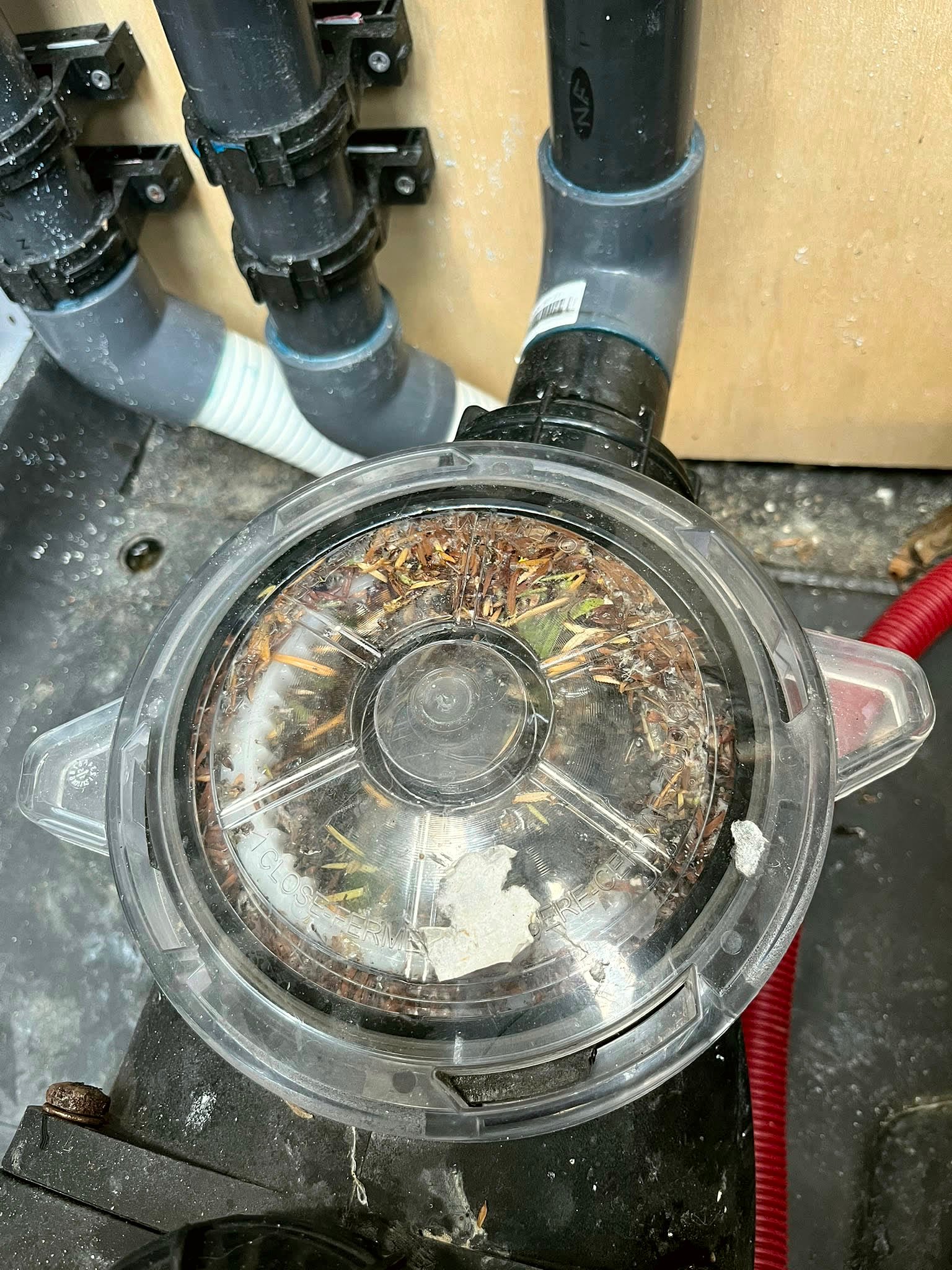 Avant : panier de filtration obstrué par les débris, puis entièrement dégagé